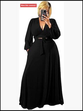 Plus Size 2 Piece Outfits Wrap Crop Top Maxi Dress Matching Sets
